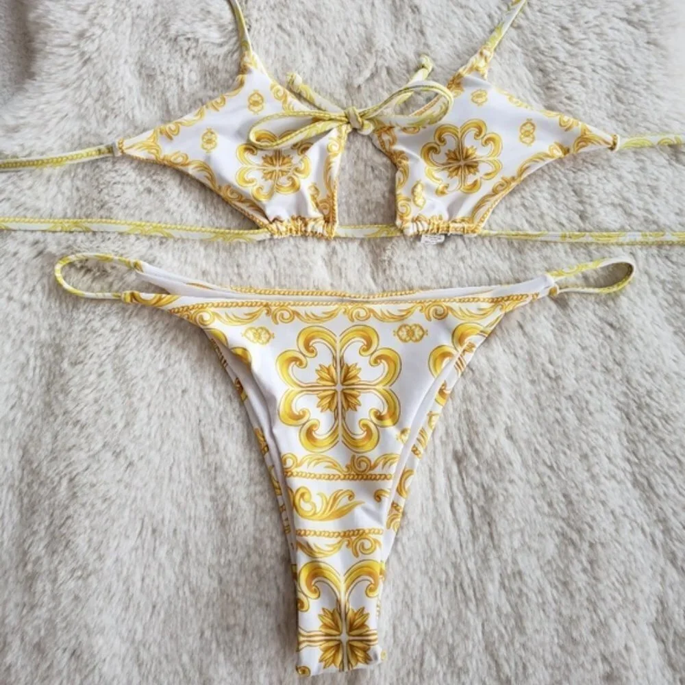 New Sexy Cut Out Strappy Bikini Set Swimsuit in Fashion Sicilian Print